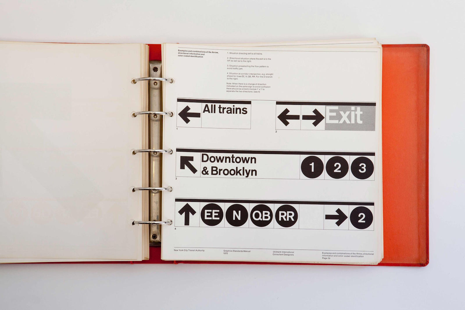 A page from the NYC Transit Authority Standards Manual showing examples and combinations of the arrow element.