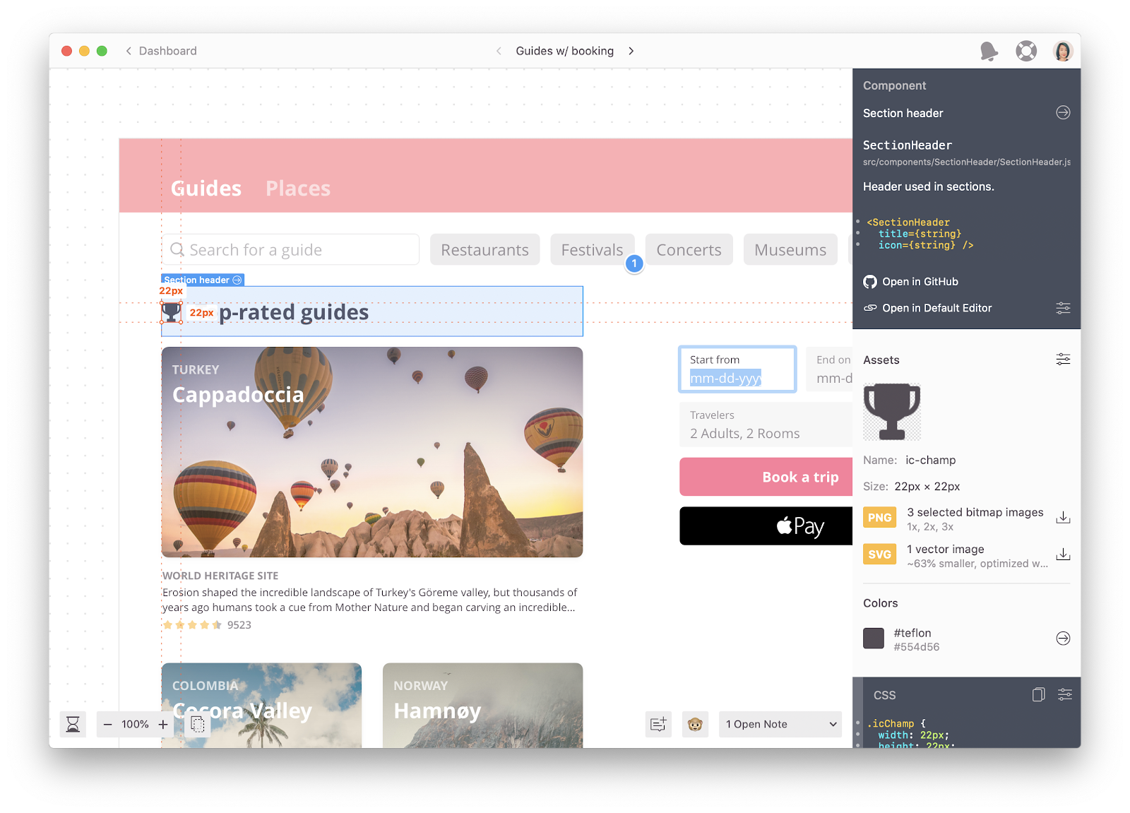 A travel booking UI is overlayed with design specs in Adobe XD.
